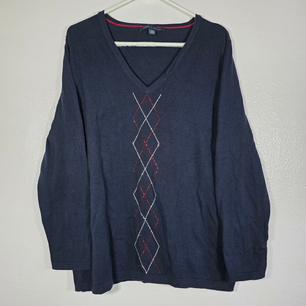 Tommy Hilfiger Argyle V-Neck Knit Sweater Navy Blue Cotton Womens XL